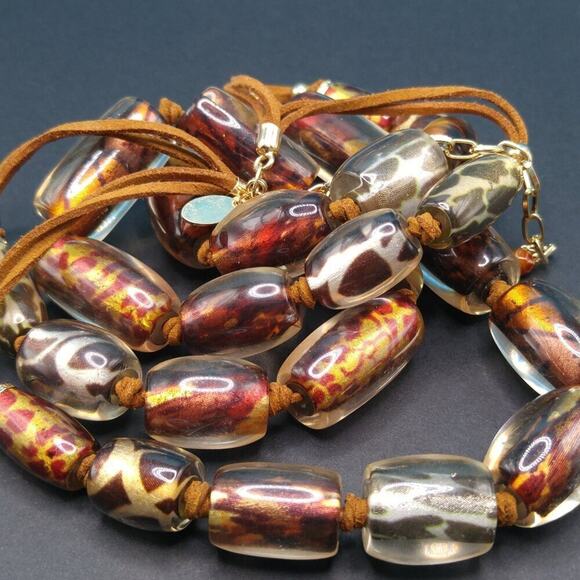Chico's Animal Print Large Bead Necklace, Clear Lucite, 2 Suede Strands, 28 Inch - Picture 9 of 10